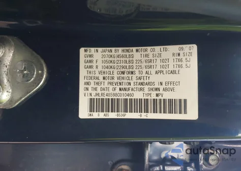 2008 Honda Cr-V Ex from USA, damaged, VIN JHLRE48598C010460